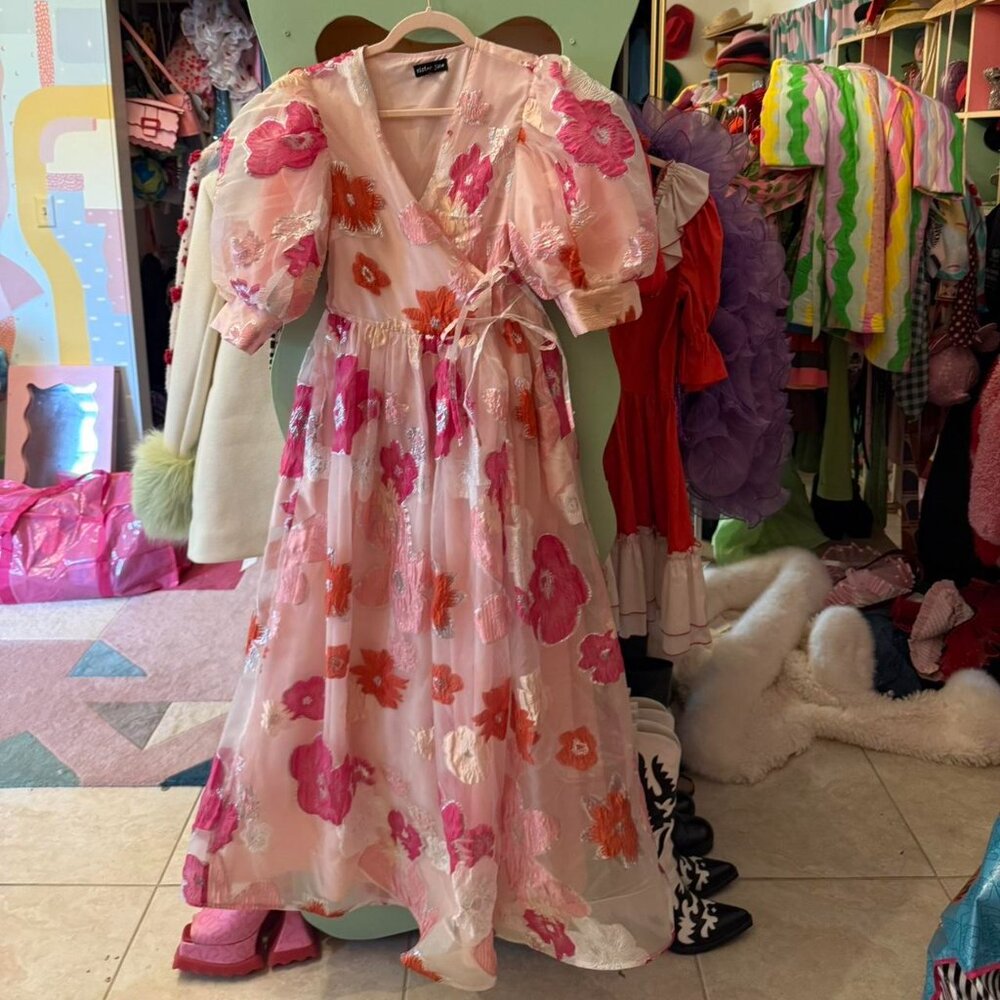 Sister Jane rare pink and red floral wrap dress size small